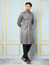 Men Charcoal & Gold Woven Design Thread Work Kurta With Pajama