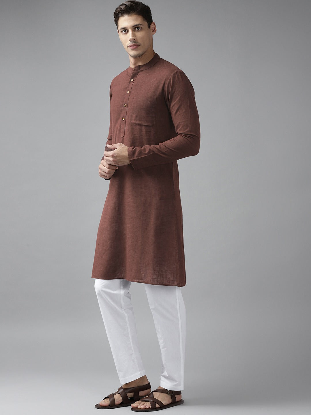 Men Brown Cotton Straight Kurta with Slub Effect With Pajama