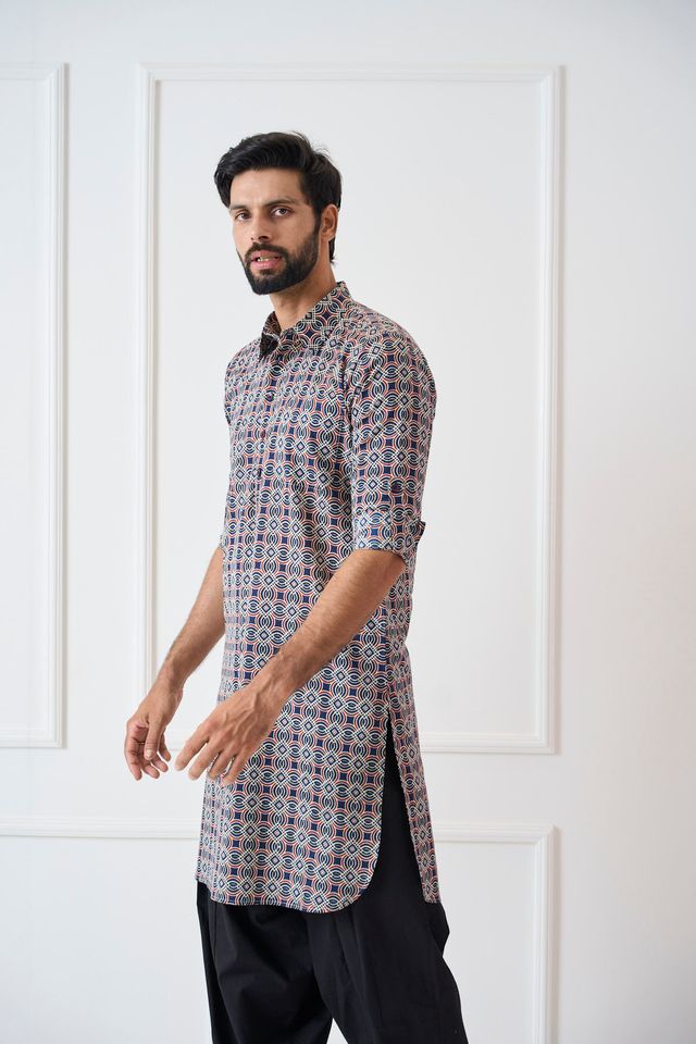 Men Blue Regular Pure Cotton Pathani Kurta With Black Salwar