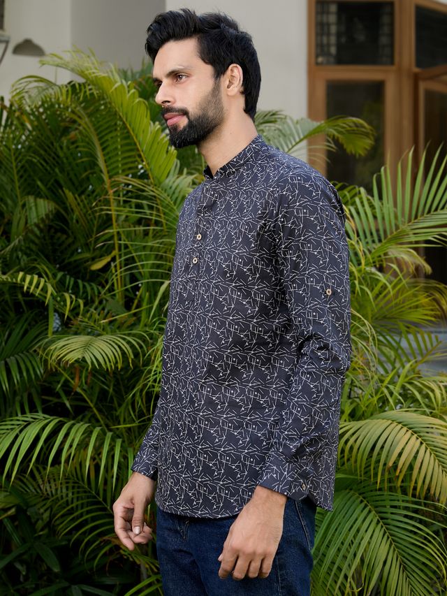 Black Geometric Printed Rayon Short Kurta