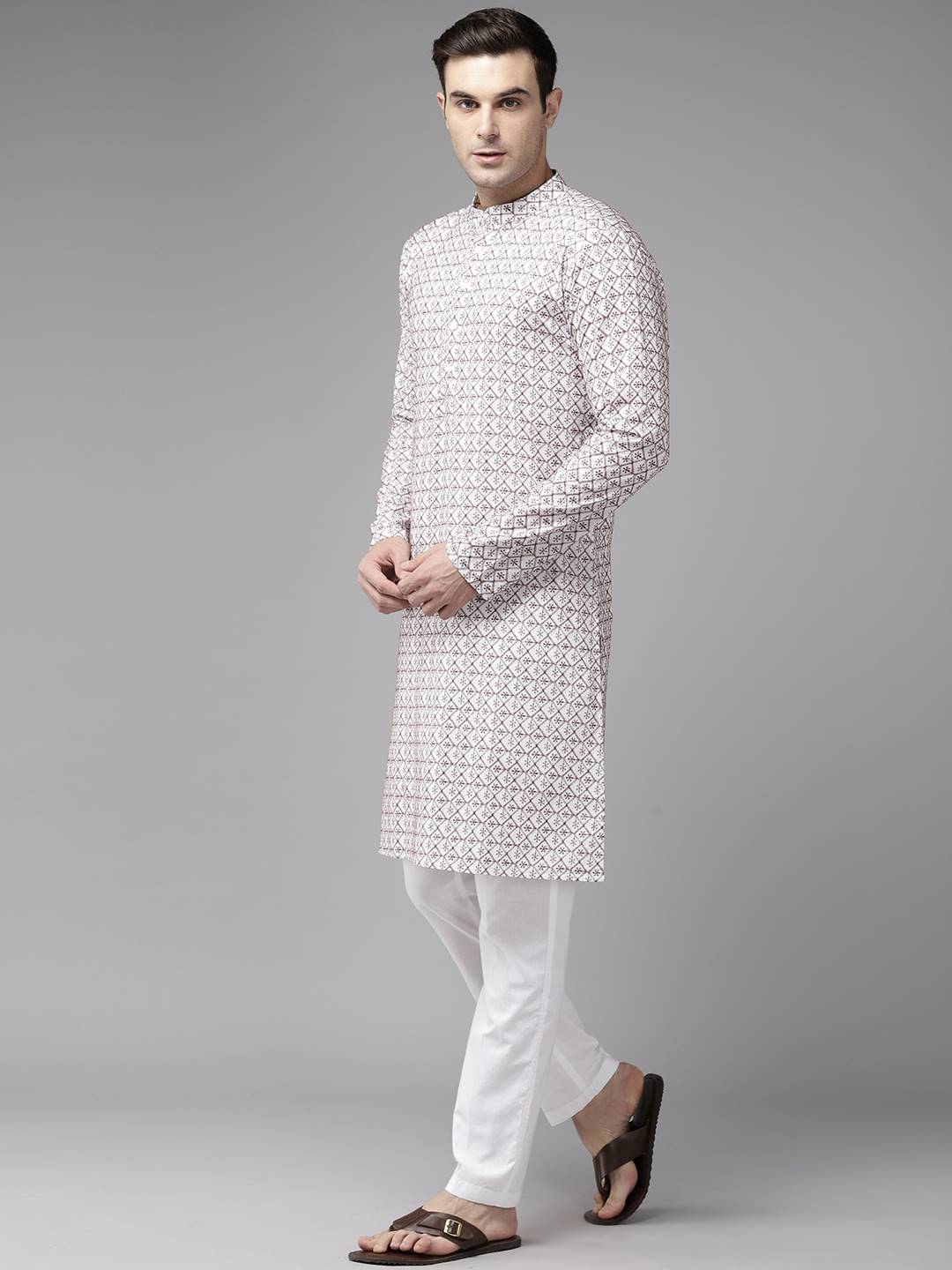 Men Off White & Brown Pure Cotton Embroidered Straight Kurta With Pajama