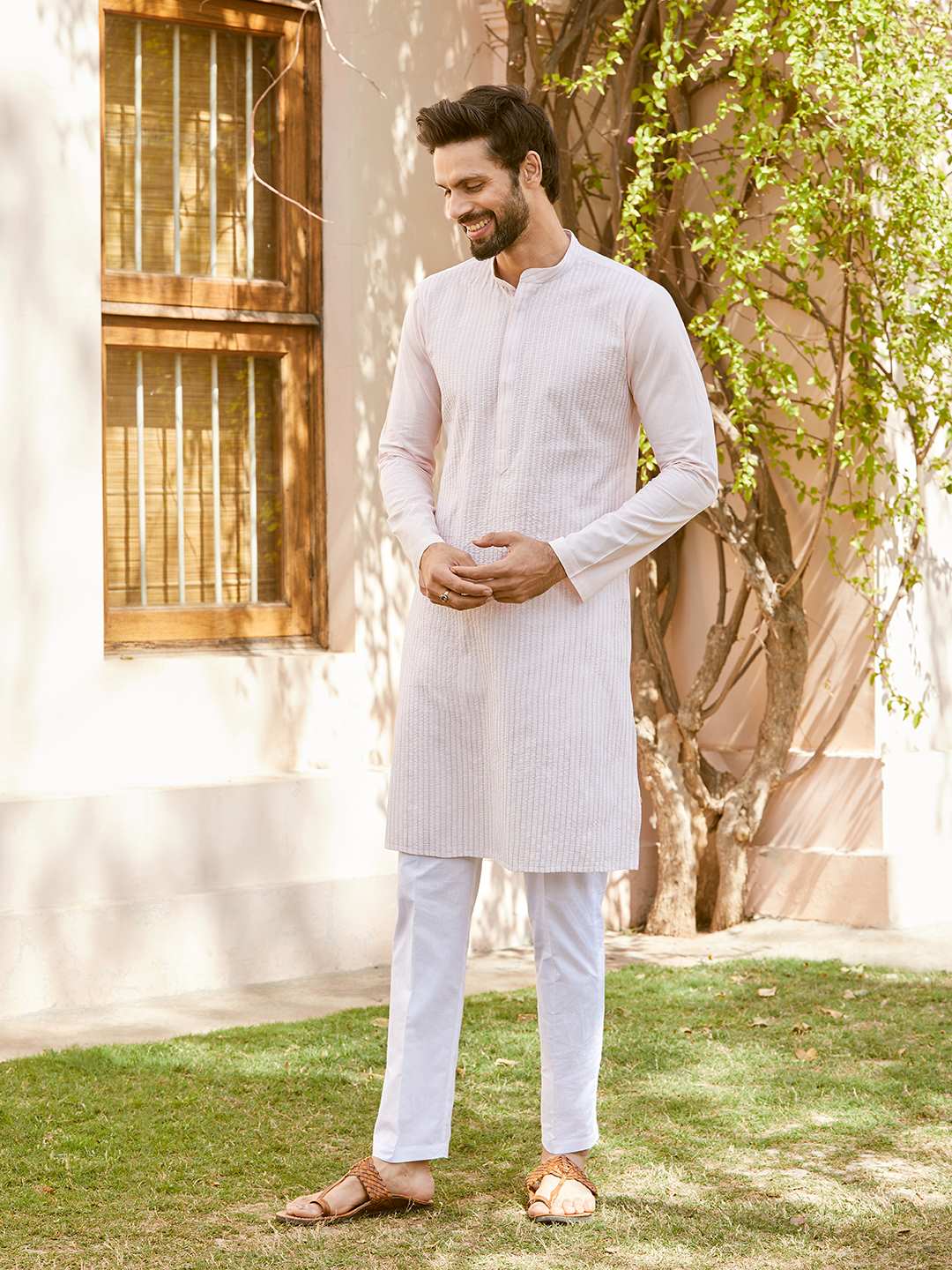 Men Pink Cotton Pintex Design Multi Thread Work Kurta With Pajama