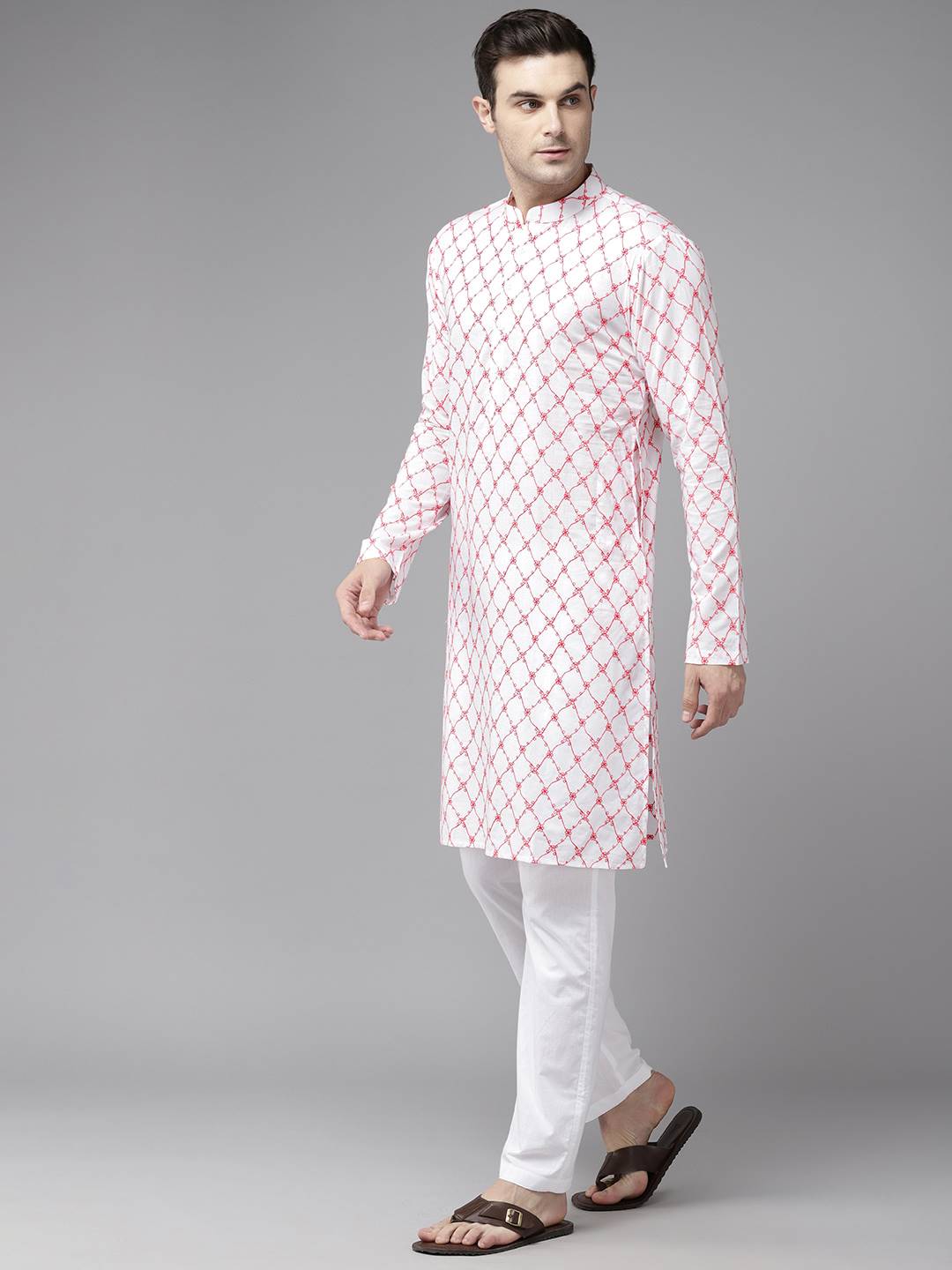 Men White & Orange Pure Cotton Embroidered Straight Kurta With Pajama