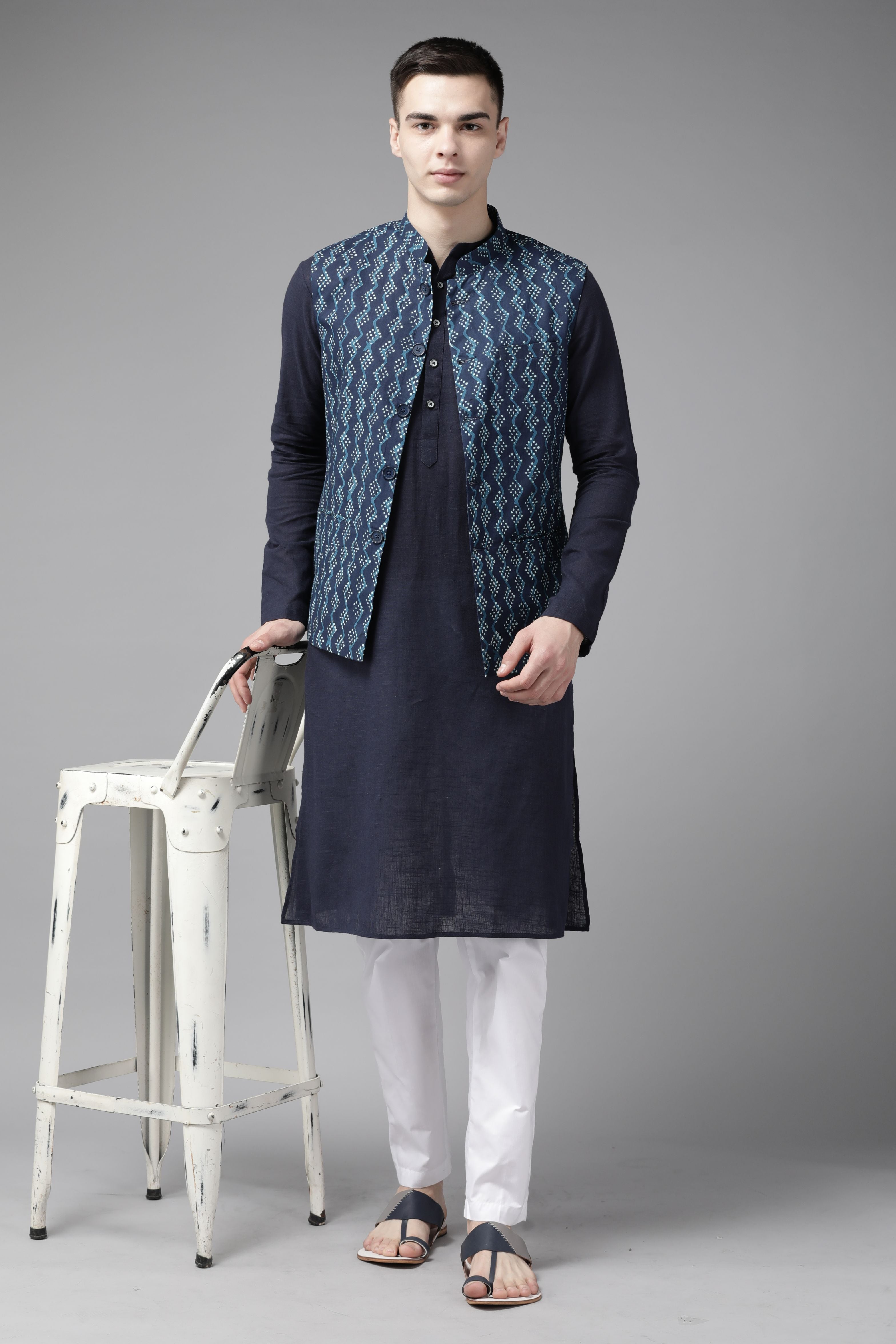 Men Indigo Impressions Printed Pure Cotton Nehru Jacket