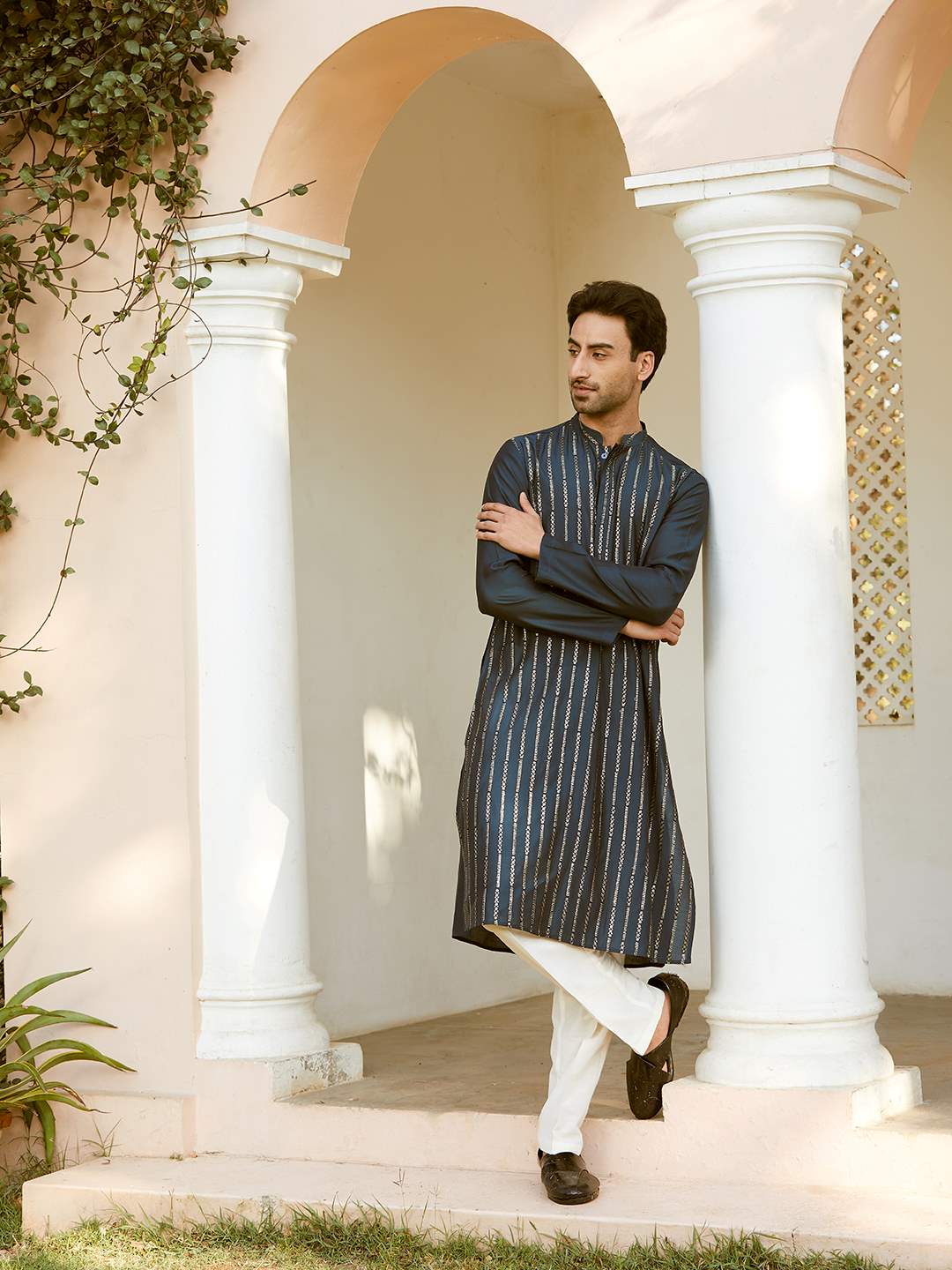 Men Deep Navy Blue with Golden Stripes Chanderi Silk Sequins Kurta With Pajama