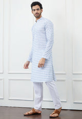 Men White And Blue Chikankari Embroidery Cotton Kurta