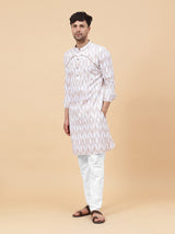 Men White and Coffee Ikat Printed Kurta With pyjama
