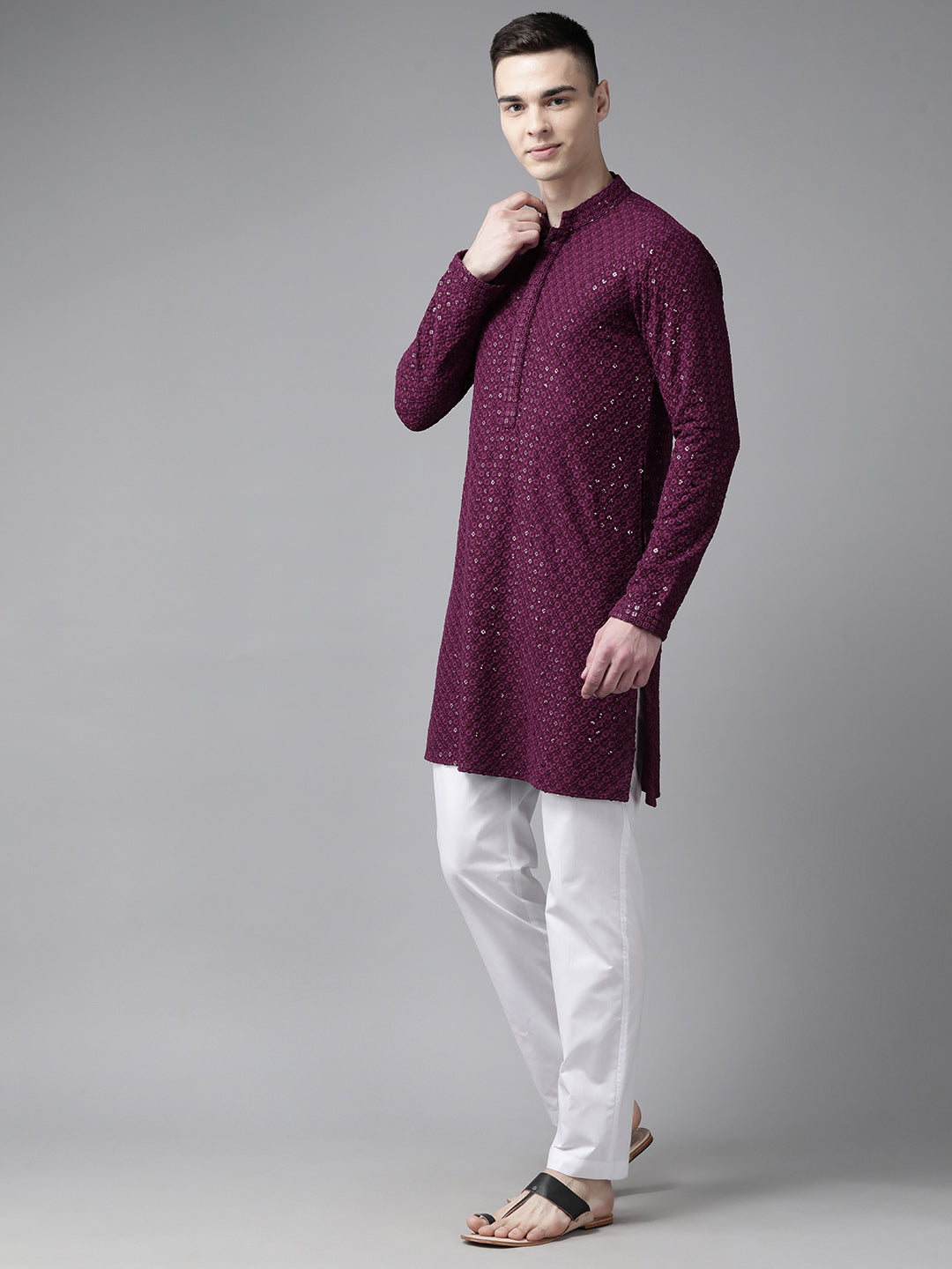 Men Megenta Embroidered Sequined Rayon Kurta