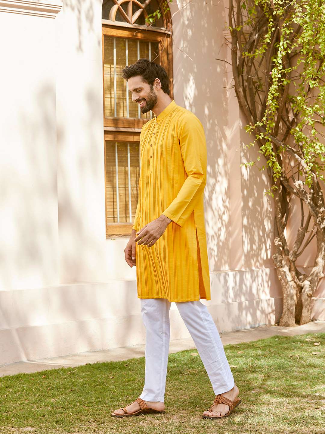 Men Mustard Cotton Silk Pintex Design Thread Work Kurta With Pajama