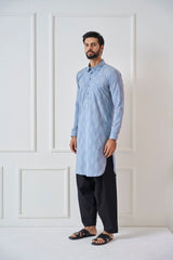 Men Light Grey Regular Pure Cotton Pathani Kurta With Black Salwar