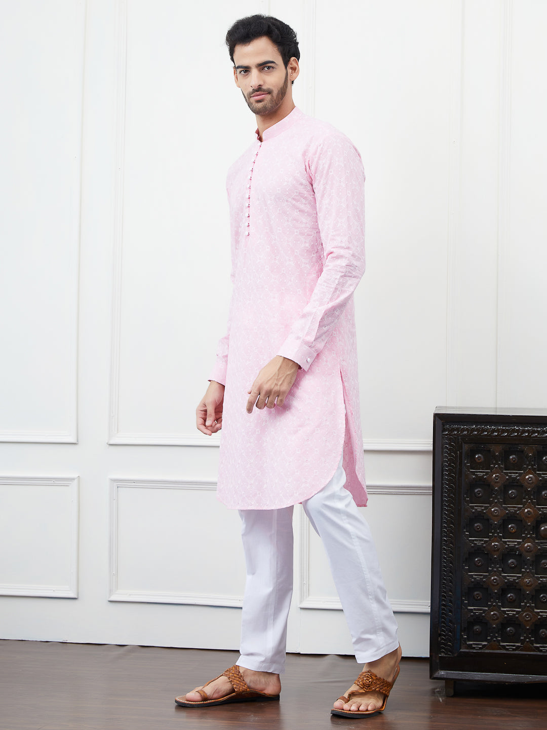 Men Peach Embroidered Cotton Kurta Set