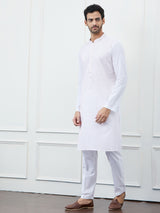 Men White with Subtle Pink Striped Kurta and Pajama