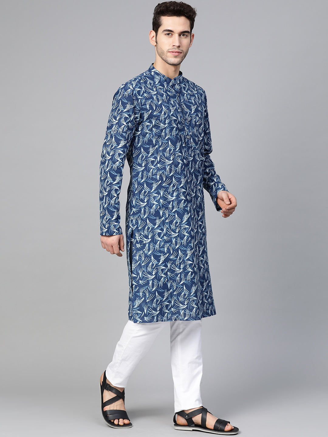 Riwaat.com Men Blue Indigo Hand Block Print Straight Sustainable Kurta Riwaat Printed