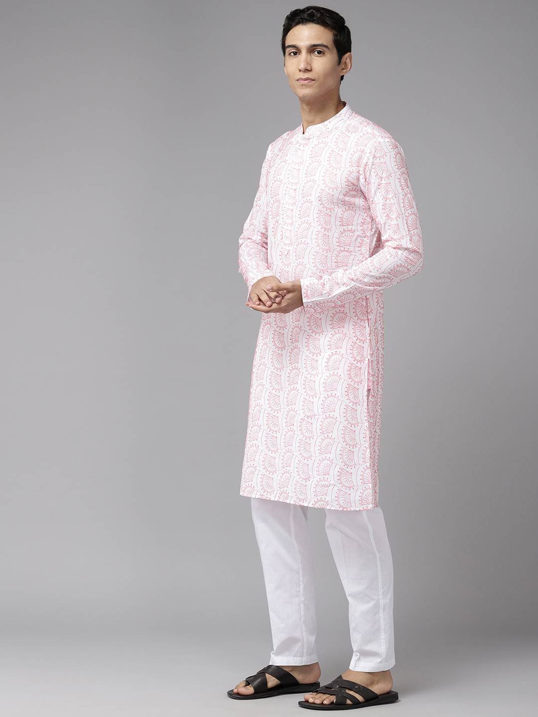 Men White with Pink Pattern Pure Cotton Embroidered Straight Kurta With Pajama