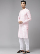 Men White with Pink Pattern Pure Cotton Embroidered Straight Kurta With Pajama