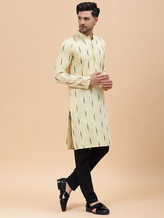 Men Cream & Green Pure Cotton Printed Straight Kurta With pyjama