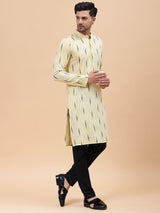 Men Cream & Green Pure Cotton Printed Straight Kurta With pyjama