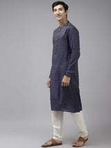 Men Blue & Beige Wave Woven Design Thread Work Kurta