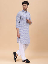 Men Grey & White Pure Cotton Printed Straight Kurta With Pajama