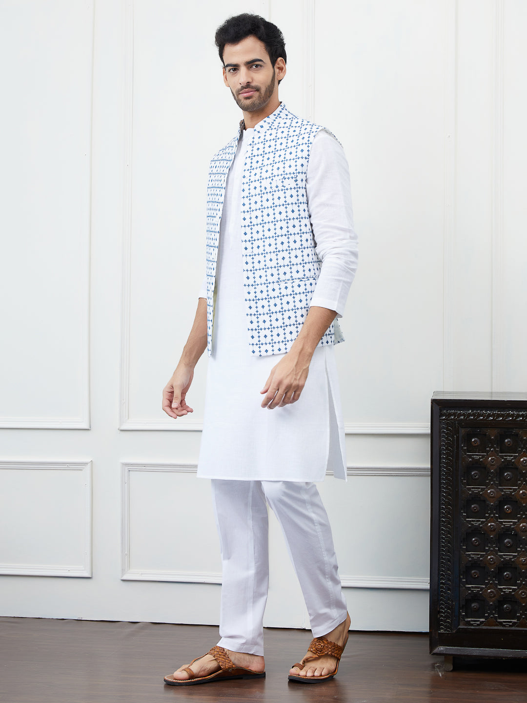 Men White And Blue Color Woven Design Chikankari Embroidery Cotton Nehru Jacket