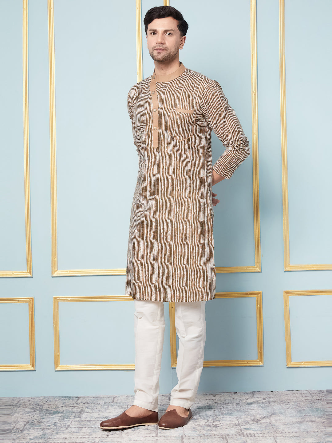 Men Coffee Brown and White Strip Printed Kurta With pyjama