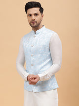 Men Turquoise Blue & Gold Woven Design Jacquard Nehru Jacket