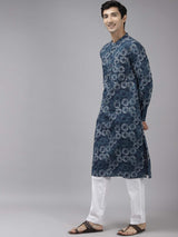 Men Blue & Off White Printed Straight Kurta With Pajama