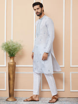 Pastel Blue Embroidered Chanderi Silk Straight Kurta with Pyjama