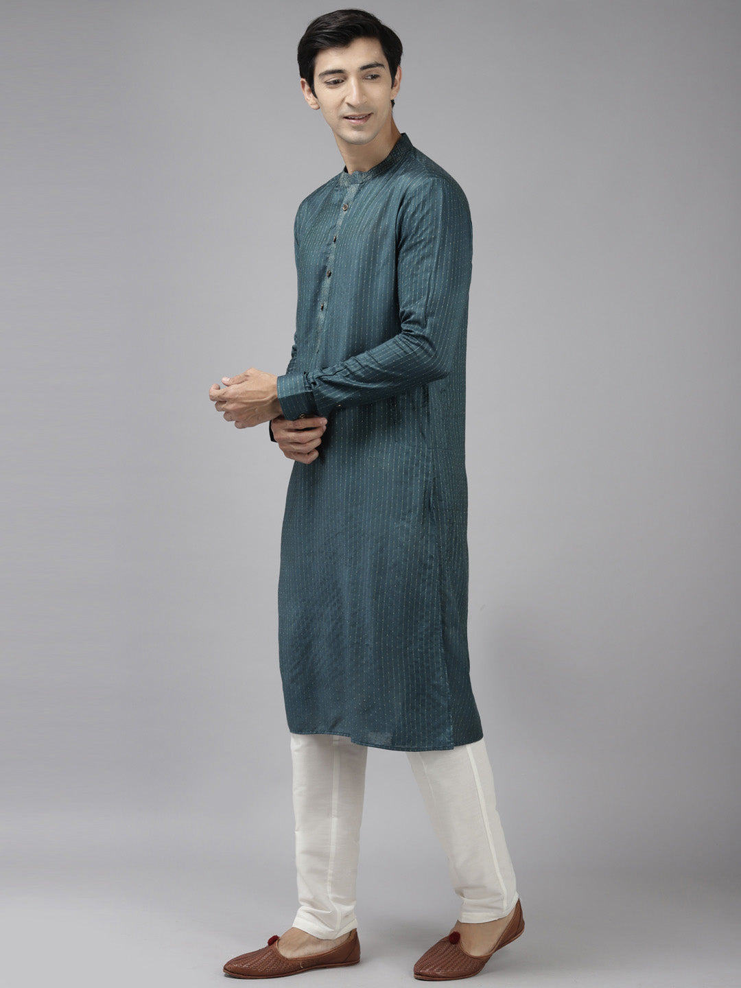 Men Teal & Beige Toned Woven Design Thread Work Kurta