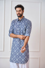 Men Indigo Hexagonal Pure Cotton Pathani Kurta