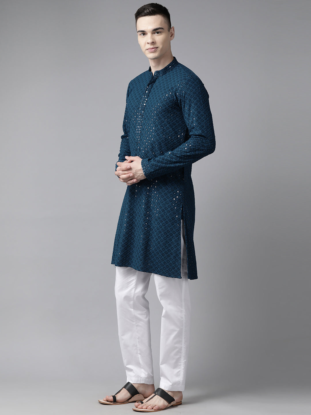 Men Teal Blue Floral Embroidered Sequins Rayon Kurta With pyjama