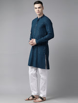 Men Teal Blue Floral Embroidered Sequins Rayon Kurta With pyjama