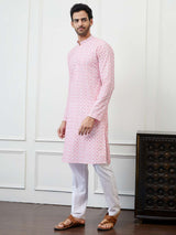 Men White and Pink Leaf Pattern Chikankari Embroidered Cotton Kurta Set