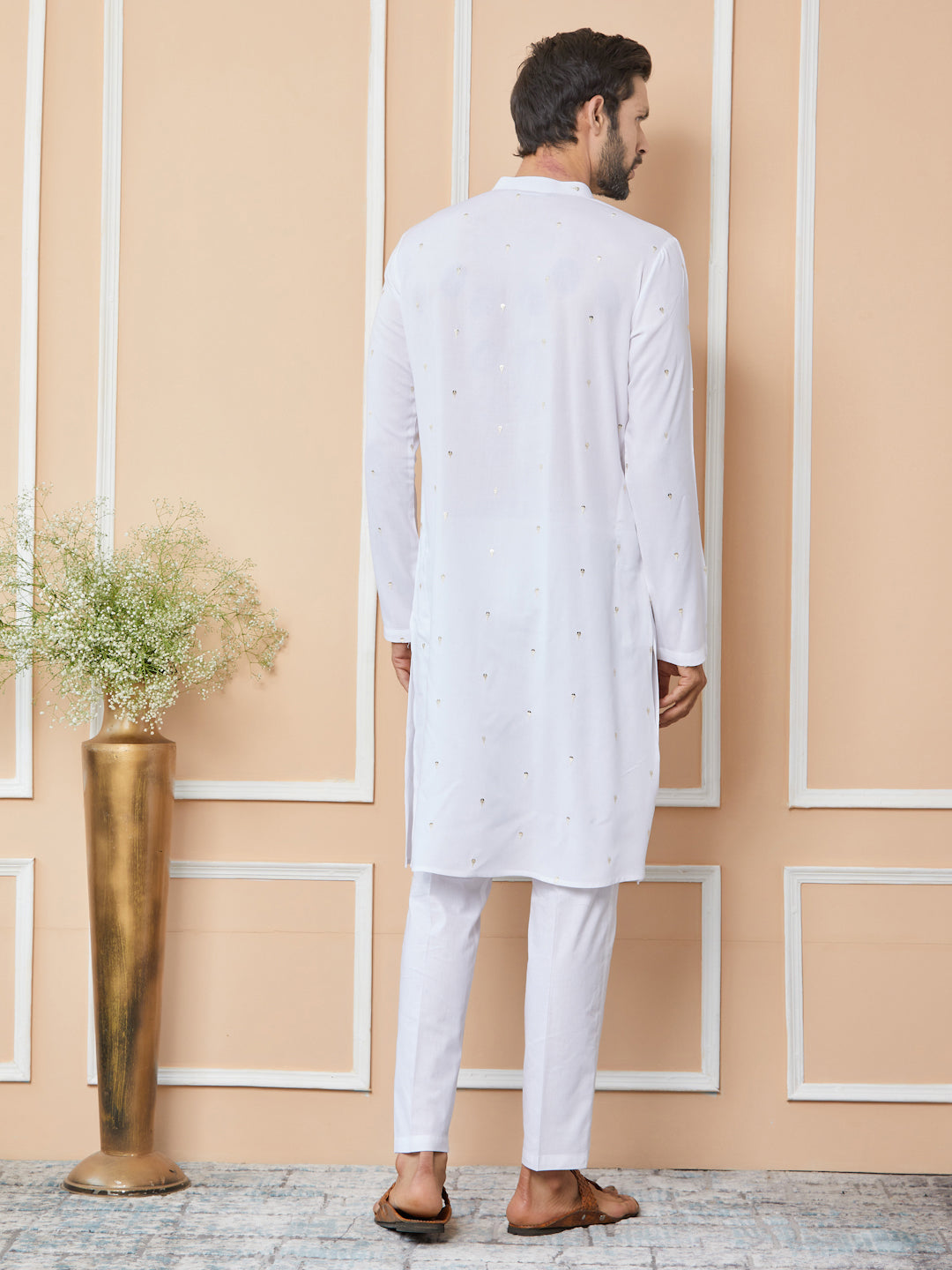 White Sequins Embroidered Rayon Straight Kurta with Yoke Design and Pyjama
