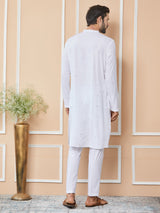 White Sequins Embroidered Rayon Straight Kurta with Yoke Design and Pyjama