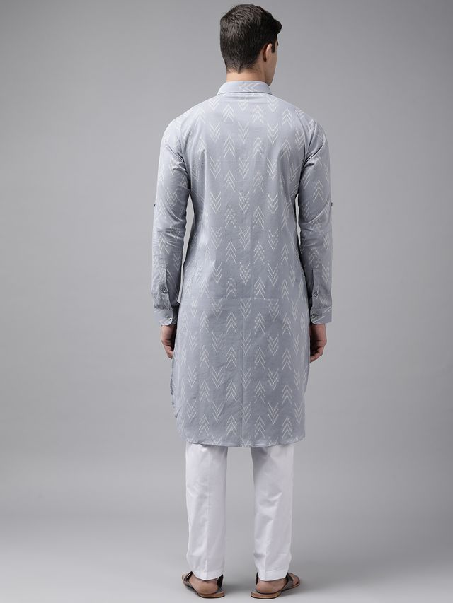 Men Light Grey Regular Pure Cotton Pathani Printed Men's Kurta