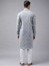 Men Light Grey Regular Pure Cotton Pathani Printed Men's Kurta