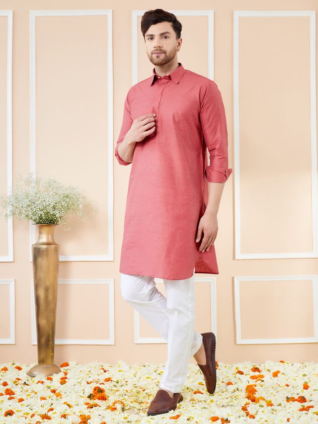 Men Red Cotton Solid Pathani Kurta