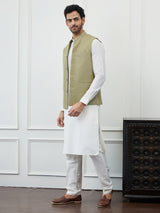 Men Khaki Color Woven Design Embroidery With Sequence Cotton Nehru Jacket