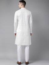 Men White Pure Cotton Chikankari Embroidered Straight Kurta With Pyjama