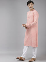 Men Peach & White Printed Pure Cotton Straight Kurta