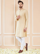 Men Regal Sand Cotton Straight Kurta