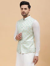 Men Gold & Turquoise Blue Woven Design Jacquard Nehru Jacket