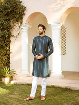 Men Teal And Gold Chanderi Silk Sequins Kurta With Pajama