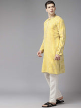 Men Gold & White Pure Cotton Embroidered Straight Kurta With Pajama