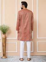 Red-Beige Ethnic Motifs Silk Jacquard Woven Design Straight Kurta with Pyjama with Embroidered Neckline