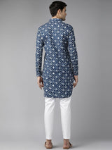 Men Blue Regular Pure Cotton Pathani Printed Men's Kurta