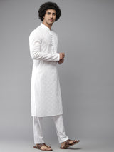 Men White Regal Patterned Chikankari Embroidered Straight Kurta