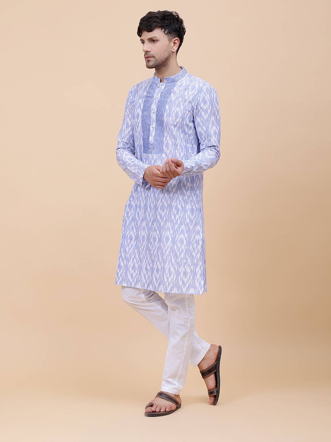 Men Blue & White Yoke Design Embroidered Cotton Kurta