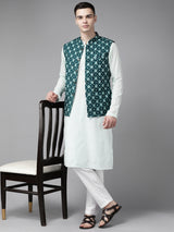 Men Teal Blue & Beige Printed Pure Cotton Nehru Jacket